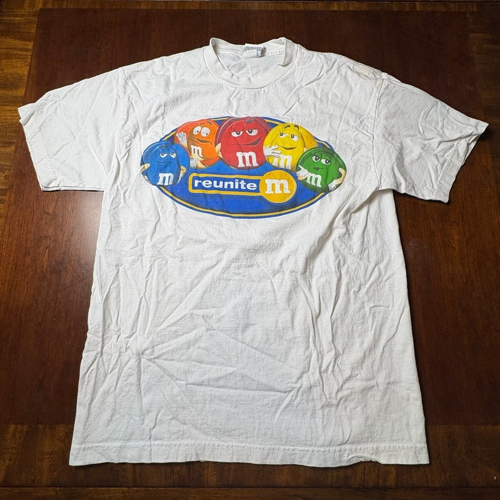 Vintage M&M's Reunite Graphic T-Shirt White Candy Promo Tee Size Large